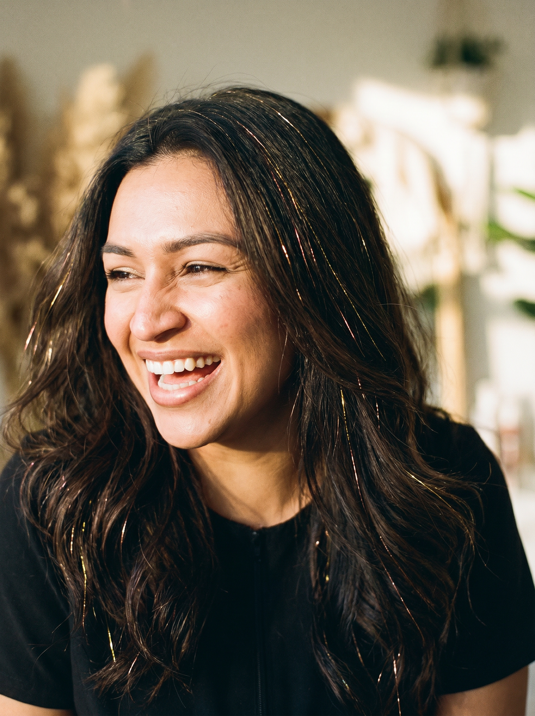 Cynthia Irwin — Prescott Arizona hair tinsel specialist with subtle gold and rose gold tinsel strands